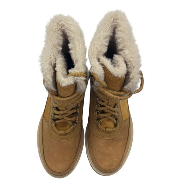 SOREL Lennox Lace Up Cozy Faux Fur Waterproof Boot 5.5 Combat Heeled Tan Cream - Picture 7 of 13